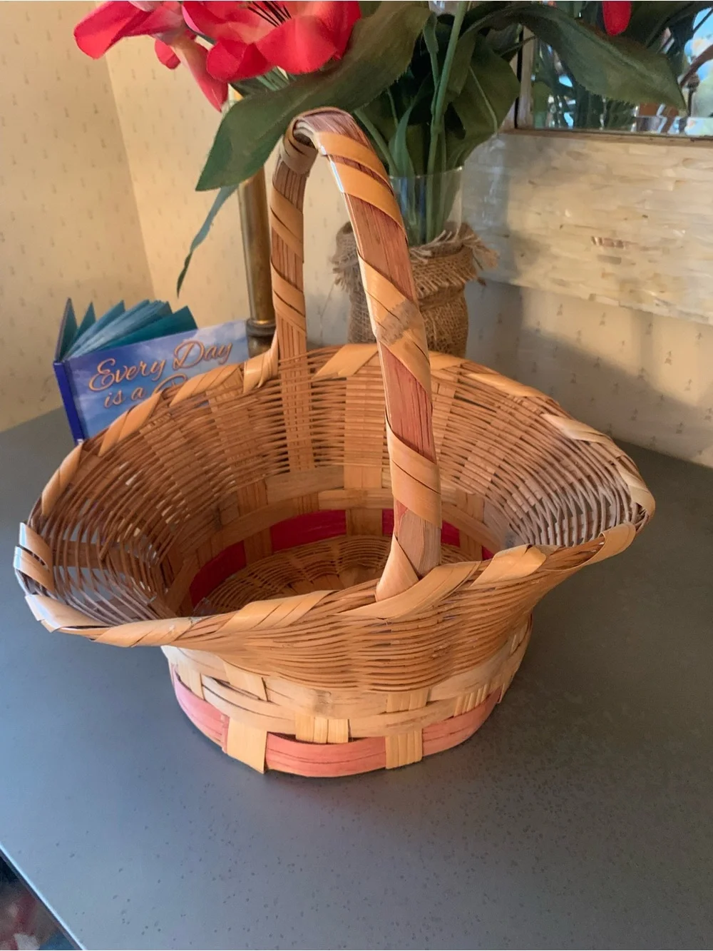 Vintage, OVAL Wicker basket, stamped MADE IN MEXICO, PINK and TAN stripes.
